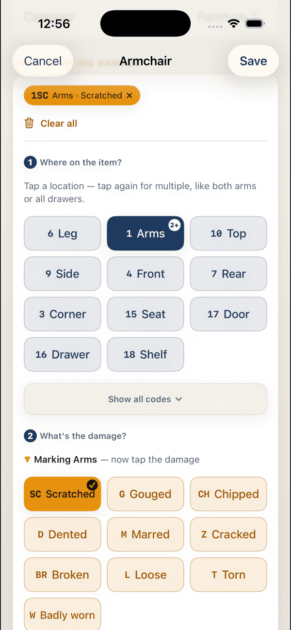 Marking pre-existing damage in the app: tap a location code like 1 Arms, then a condition code like SC Scratched