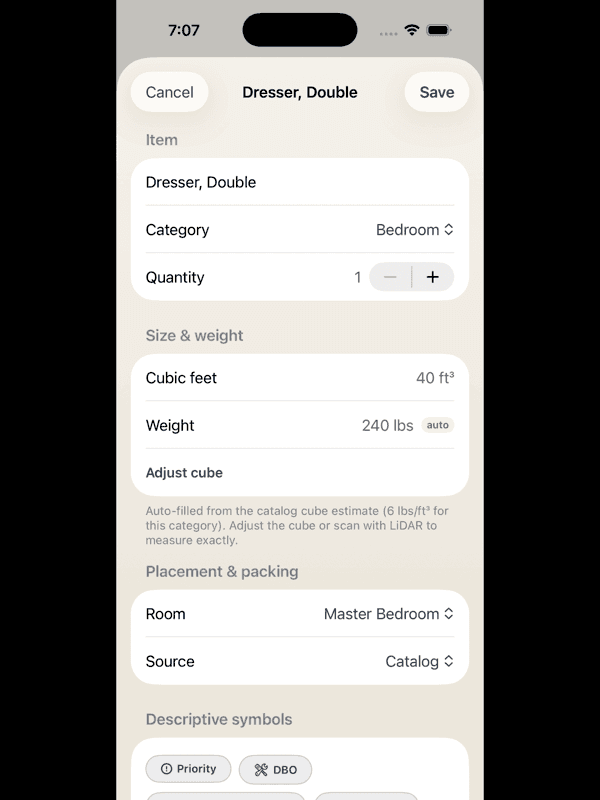 The top of a single item's record in the app: Dresser, Double, category Bedroom, 40 cubic feet, 240 pounds auto-estimated, room Master Bedroom, source Catalog, with descriptive symbols like Priority and DBO