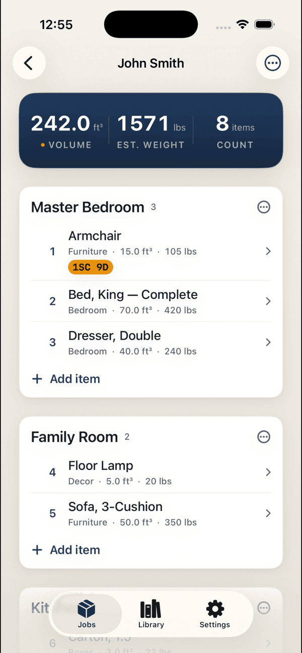 A job in the app with live volume, weight, and item count above room-by-room items with exception codes