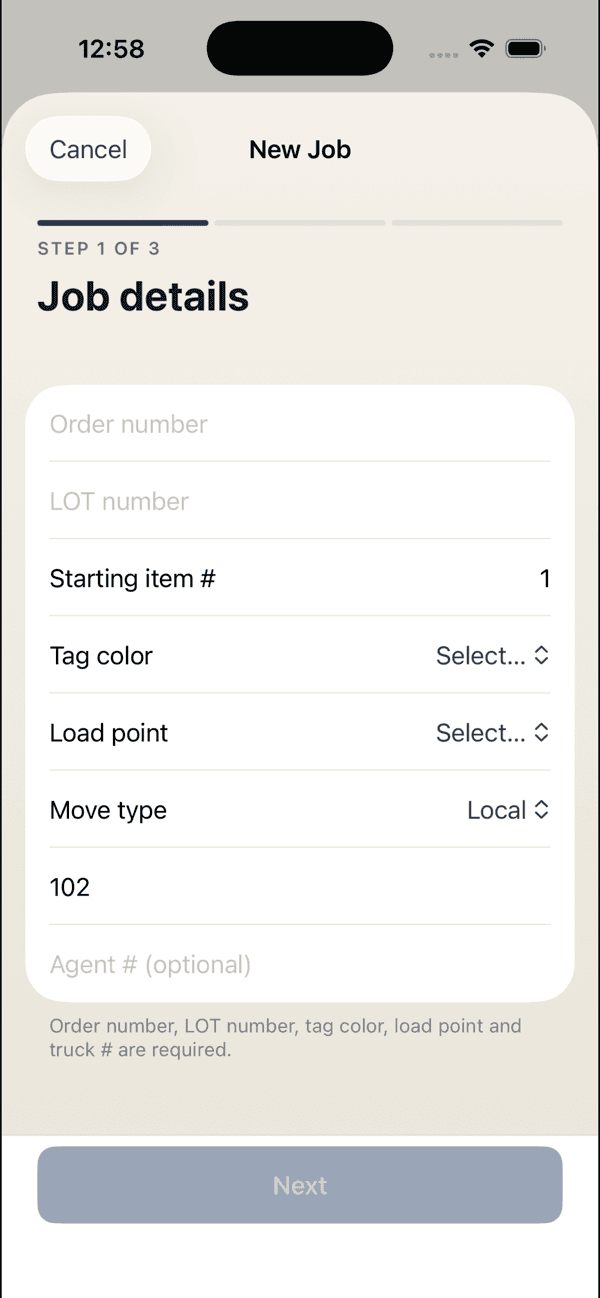 The New Job form in the app, step 1 of 3: order number, LOT number, starting item number, tag color, load point, move type, truck number, and optional agent number