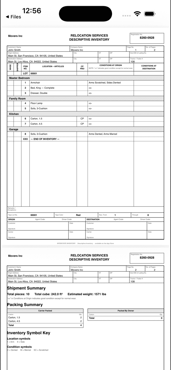 The exported descriptive-inventory PDF: numbered items by room, conditions at origin, packing summary, symbol key, and signature blocks